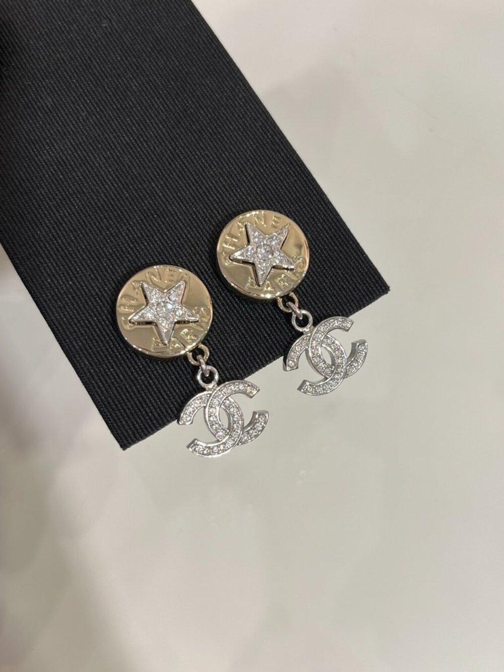 Chanel Gold-Tone Coin Star Crystal CC Drop Earrings